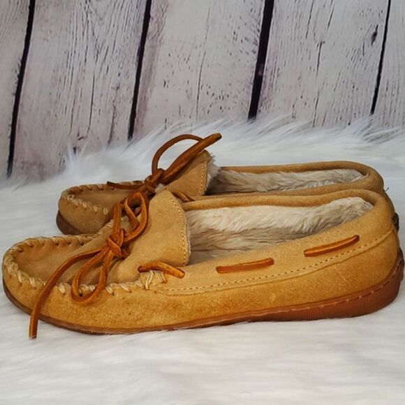 Minnetonka Leather Pile Lined Hard Moccasin Slipper Leather Laces Womens 5 - Picture 10 of 15